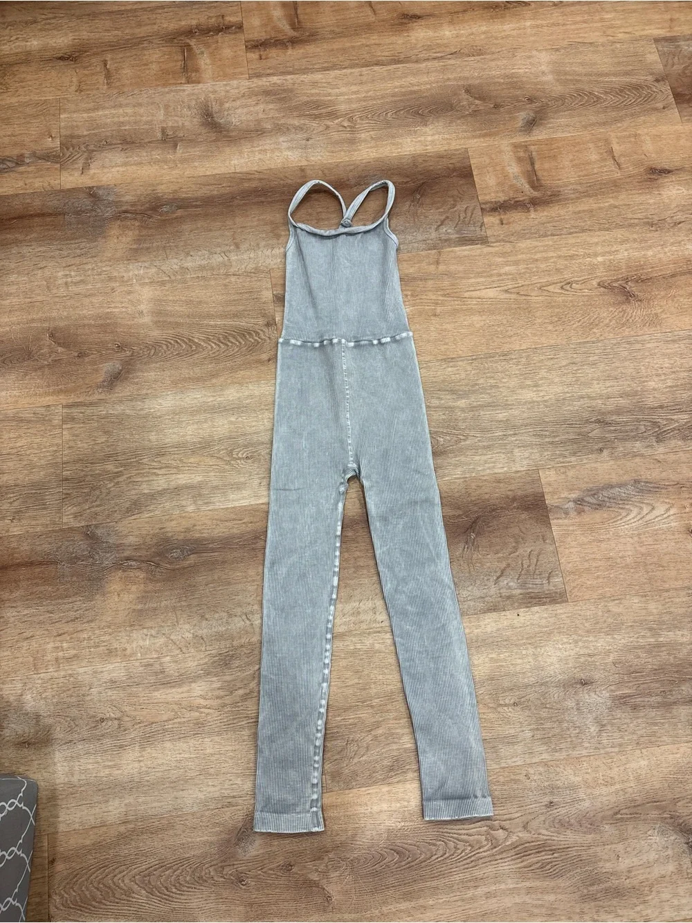 Free People Light Gray Ribbed Strappy Jumpsuit